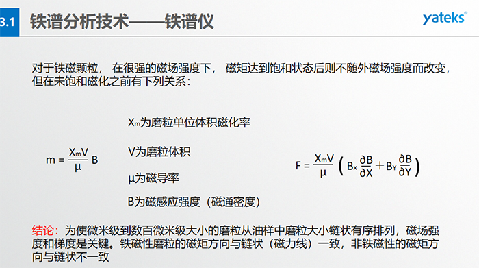 鐵譜儀中顆粒的沉積過程：含有磨粒的油樣流經(jīng)磁場時，磨粒受到重力、 液體浮力、 磁場力和顆粒 下落過程中所受油液粘滯阻力的聯(lián)合作用。  重力和浮力的合力同磁場力相比是很小的，可以忽略不計，在磨粒的沉積過程中，磁場力和粘滯阻力起著決定性的作用。